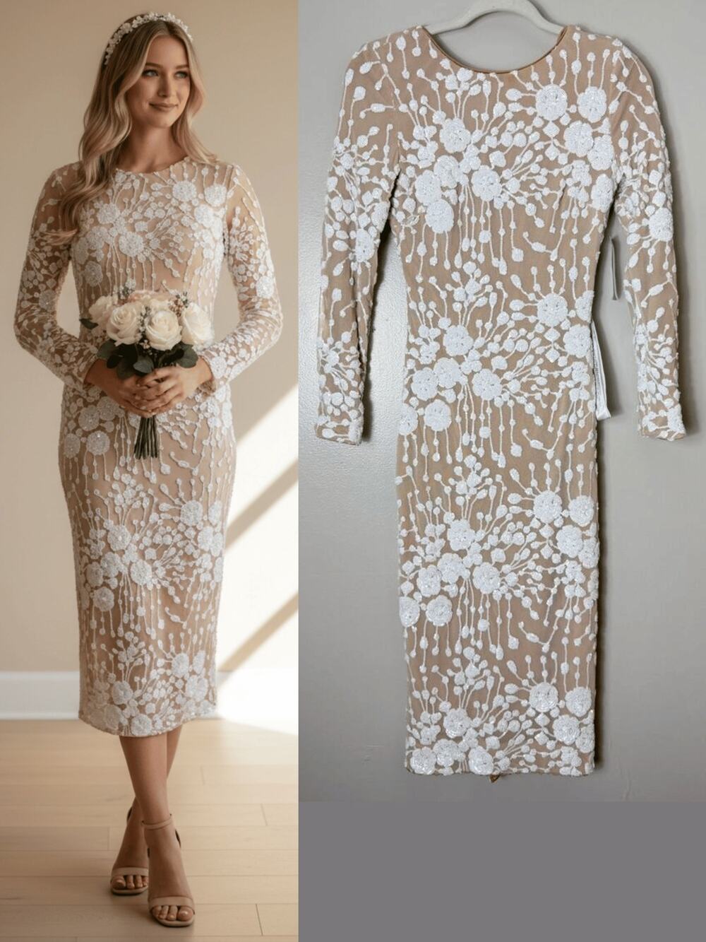 Dress The Population White Nude Sequin Floral Midi Dress Bridal Wedding